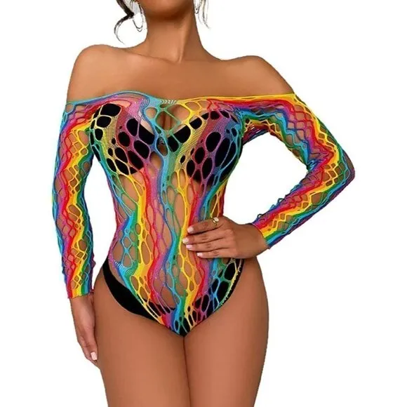 𝅺🌈 Rainbow Fishnet Stockings Mesh Lingerie Bodysuit Party Rave Boho Cosplay NWT