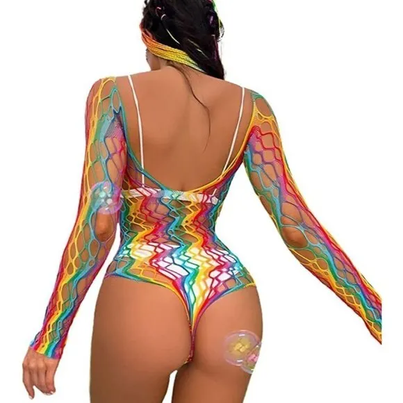 𝅺🌈 Rainbow Fishnet Stockings Mesh Lingerie Bodysuit Party Rave Boho Cosplay NWT