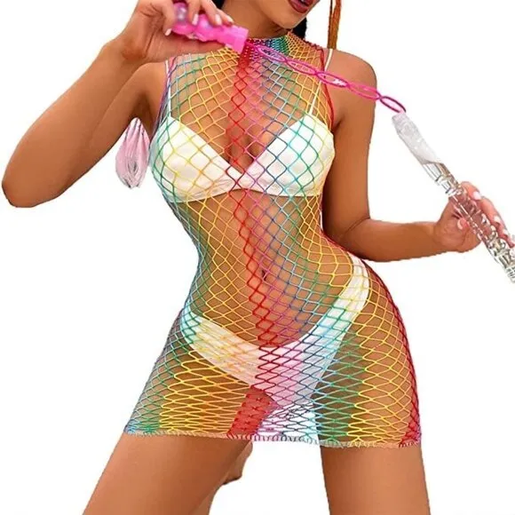 𝅺🌈 Rainbow Fishnet Stockings Mesh Lingerie Bodysuit Party Rave Boho Cosplay NWT