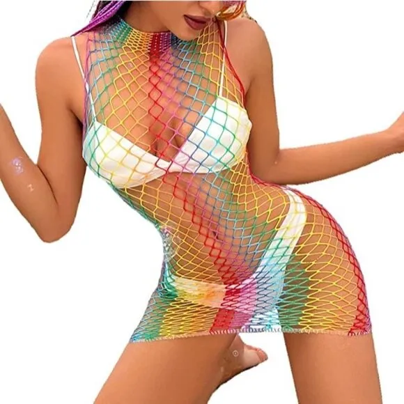 𝅺🌈 Rainbow Fishnet Stockings Mesh Lingerie Bodysuit Party Rave Boho Cosplay NWT