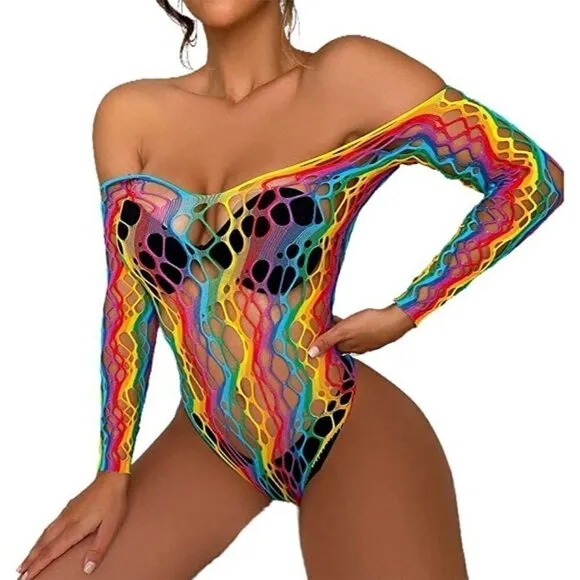 𝅺🌈 Rainbow Fishnet Stockings Mesh Lingerie Bodysuit Party Rave Boho Cosplay NWT