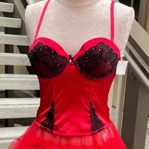 🤎 🛌 Red satin Bustier corset black lace with sparkle fits 34-36 B or C Med nWT