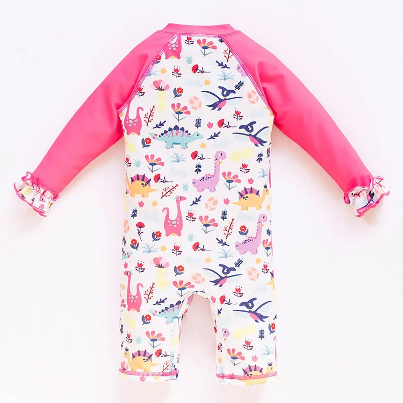 1-6 Years Old Baby Girls Swimsuit Sun Protection Cap Set Long Sleeves One Piece Swimwear for Kids Toddler Cartoon Girls Swimming