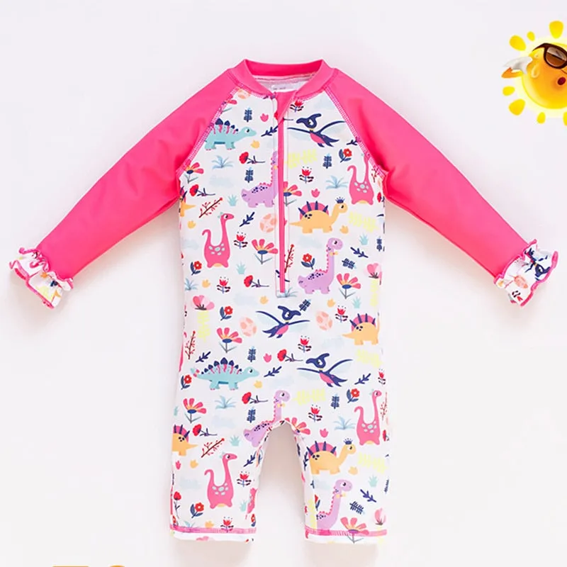 1-6 Years Old Baby Girls Swimsuit Sun Protection Cap Set Long Sleeves One Piece Swimwear for Kids Toddler Cartoon Girls Swimming