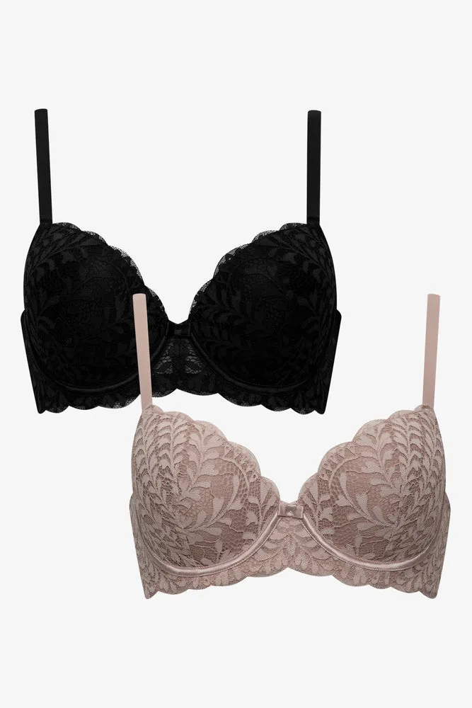 2 Pack Lace Balconette Bras Black And Natural