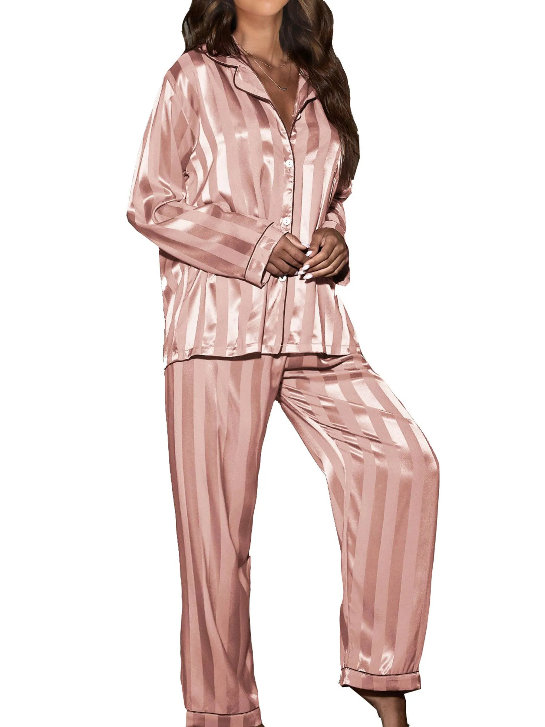 2 Piece Button Front Sleepwear Pants Set Loungewear: L / Pink