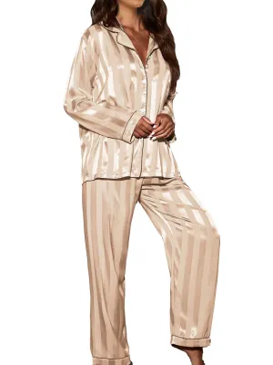 2 Piece Button Front Sleepwear Pants Set Loungewear: S / Champagne