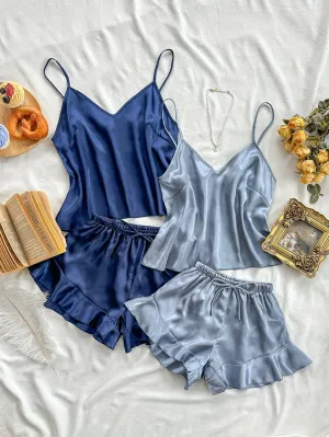 2 Sets | Luxurious Womens Satin Pajama Set - Flirty V-Neck Camisole with Adjustable Straps & Ruffled Shorts - Elegant, Year-Round Sleepwear for a Chic Nights Rest
