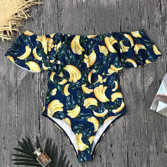 2017 New Sexy Off The Shoulder Solid Swimwear Women One Piece Swimsuit Female Bathing Suit Ruffle Monokini Swim Wear XL