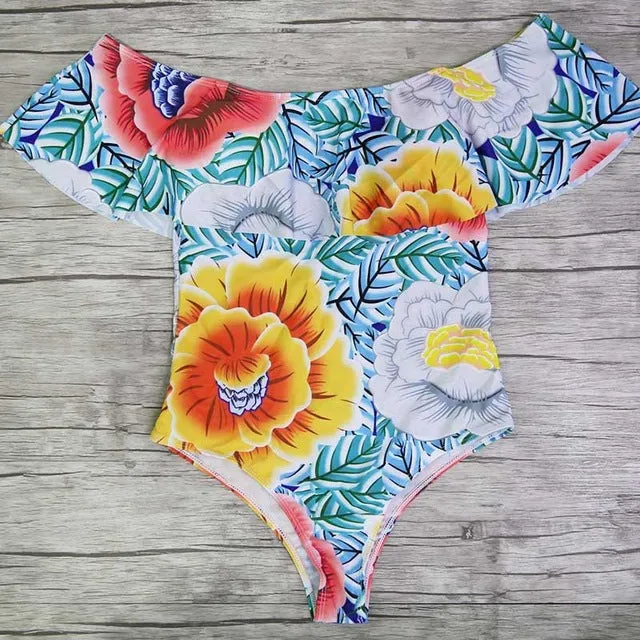 2017 New Sexy Off The Shoulder Solid Swimwear Women One Piece Swimsuit Female Bathing Suit Ruffle Monokini Swim Wear XL