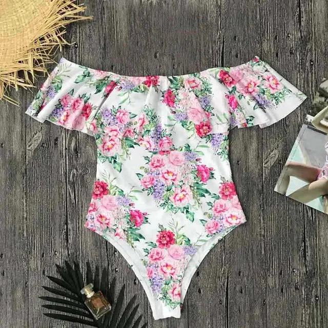 2017 New Sexy Off The Shoulder Solid Swimwear Women One Piece Swimsuit Female Bathing Suit Ruffle Monokini Swim Wear XL