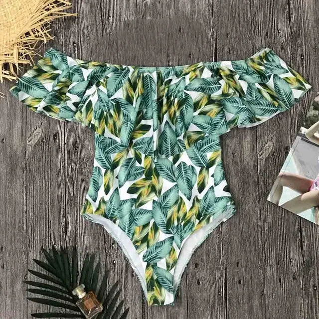 2017 New Sexy Off The Shoulder Solid Swimwear Women One Piece Swimsuit Female Bathing Suit Ruffle Monokini Swim Wear XL