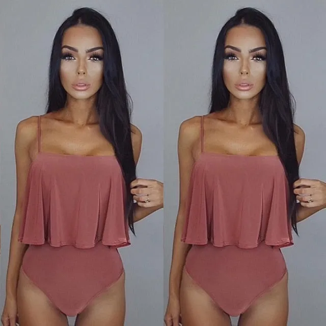 2019 New Sexy Ruffled One Piece Swimsuit Women Solid Monokini Swimwear Bathing Suit Beachwear Bikini Padded Swim Wear