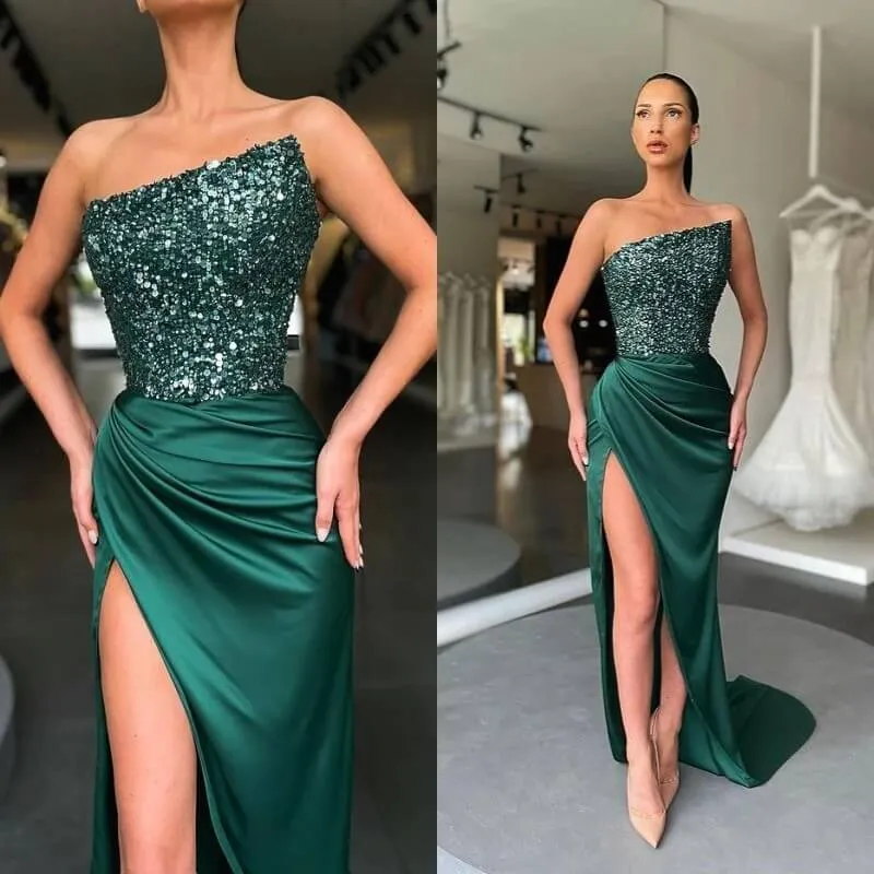 2024 Cheap Dark Green Prom Dress Sequins Satin Formal Dress With Split