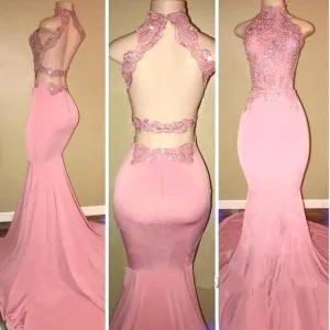 2024 High-Neck Mermaid Long Pink Prom Dresses