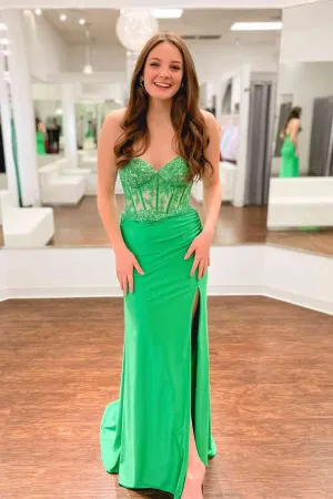 2025 Long Corset Lace Green Prom Dress Sweetheart Applique with Slit