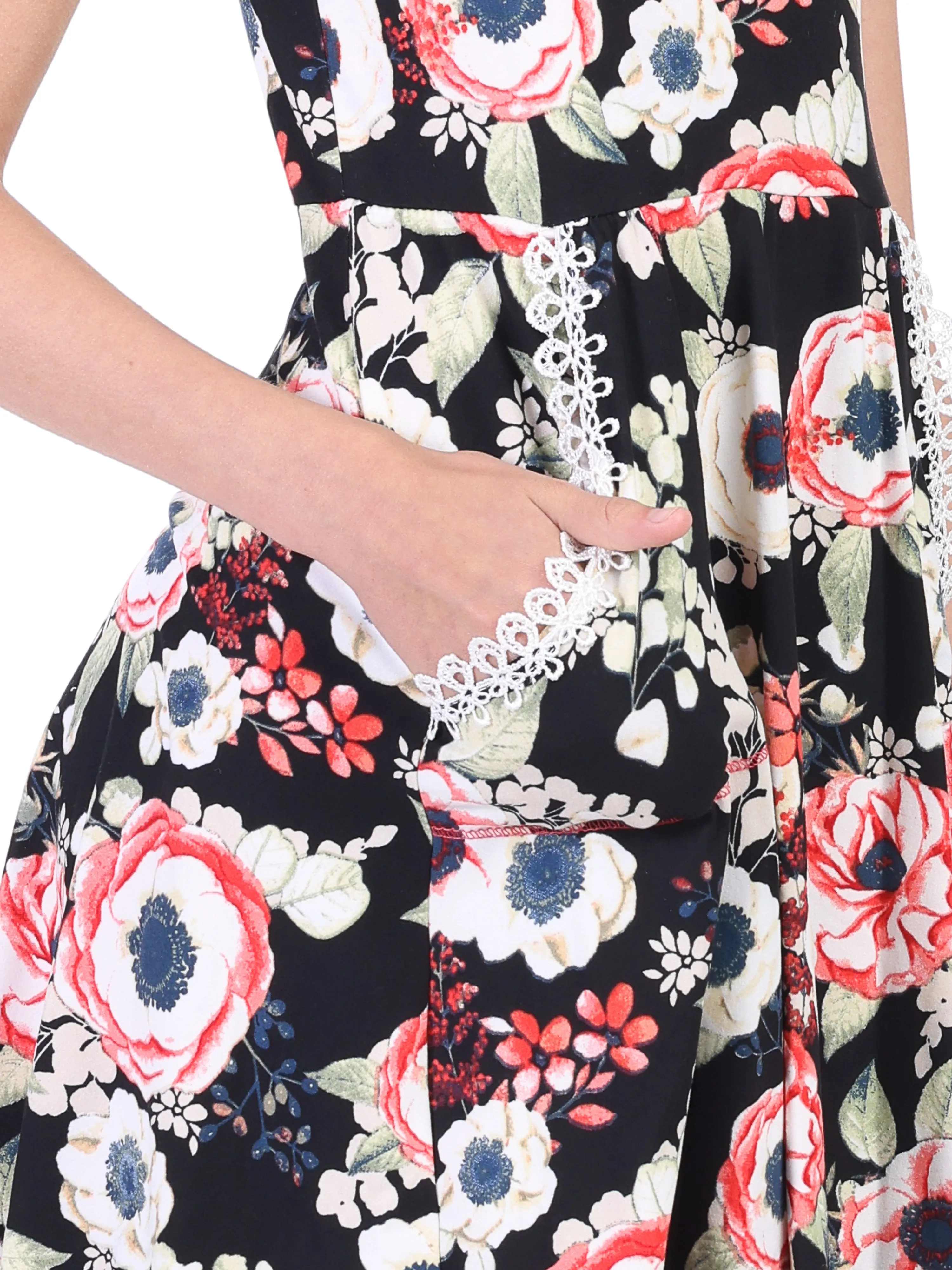 24seven Comfort Apparel Knee Length Girls Black Floral Pocket Dress