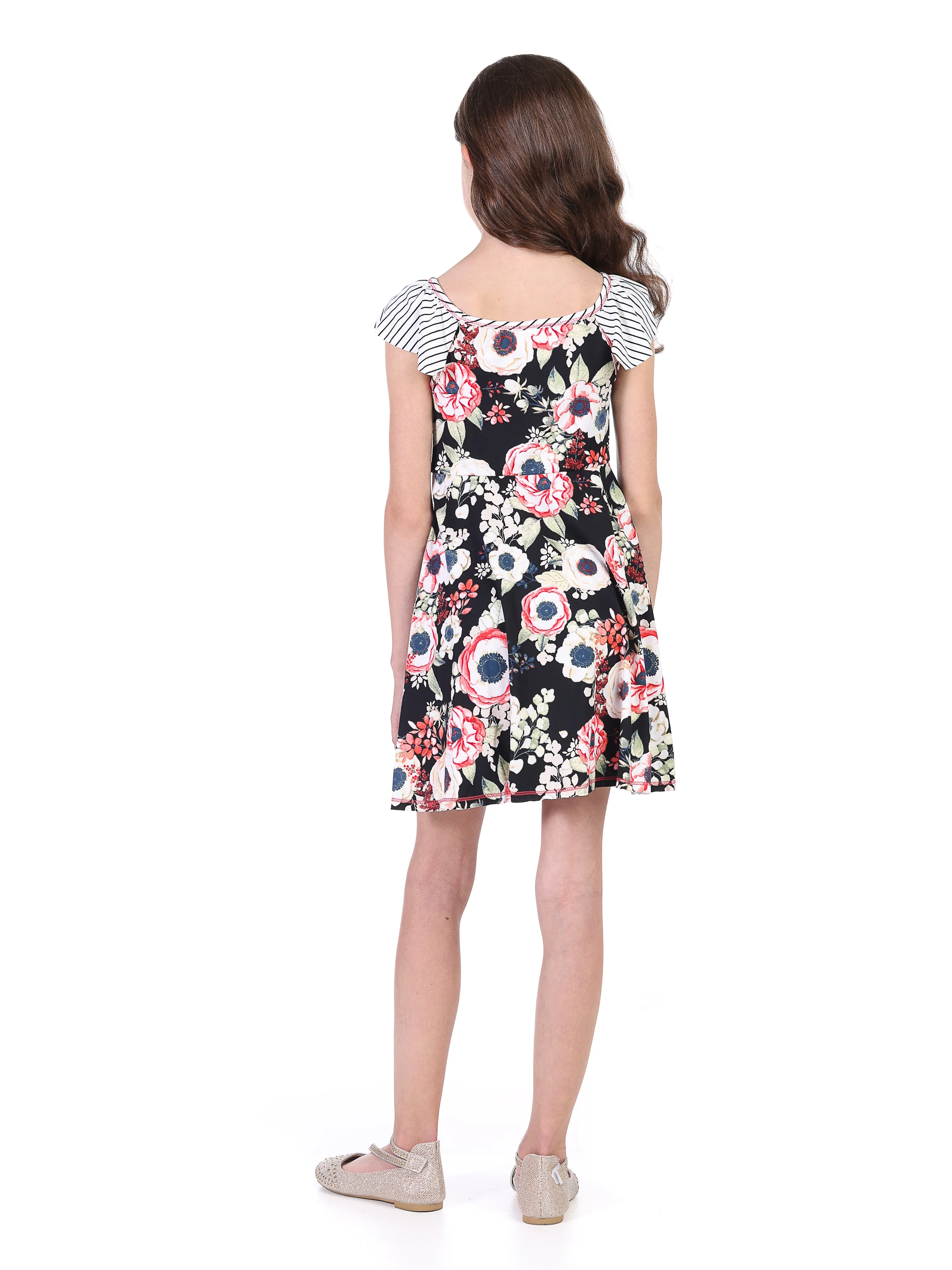 24seven Comfort Apparel Knee Length Girls Black Floral Pocket Dress