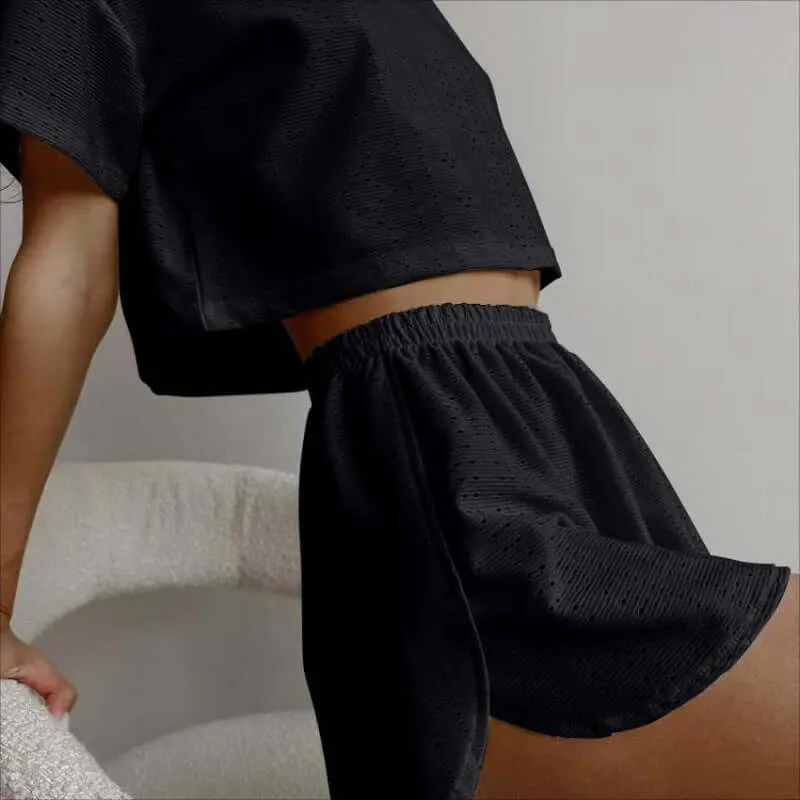 2pcs Casual Hollow Suit With Short-sleeved Crop Top And Elastic Slit Shorts Summer Fashion Sport Clothing For Women