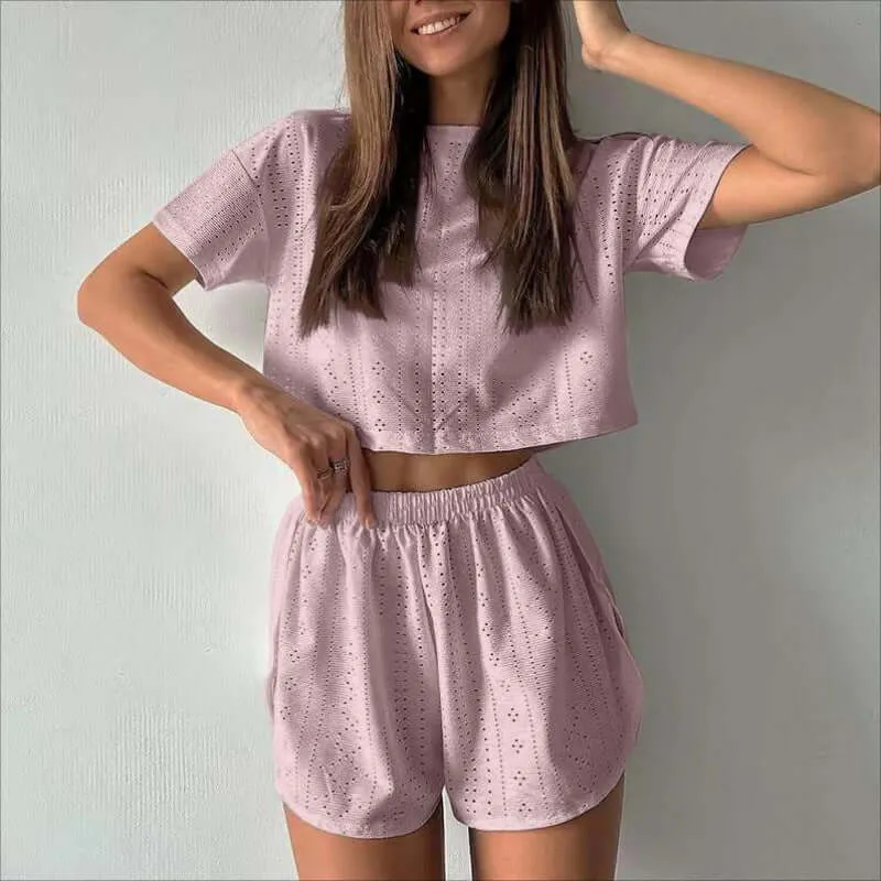 2pcs Casual Hollow Suit With Short-sleeved Crop Top And Elastic Slit Shorts Summer Fashion Sport Clothing For Women