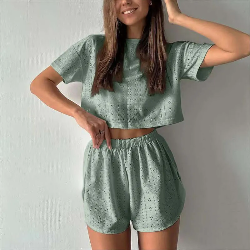 2pcs Casual Hollow Suit With Short-sleeved Crop Top And Elastic Slit Shorts Summer Fashion Sport Clothing For Women