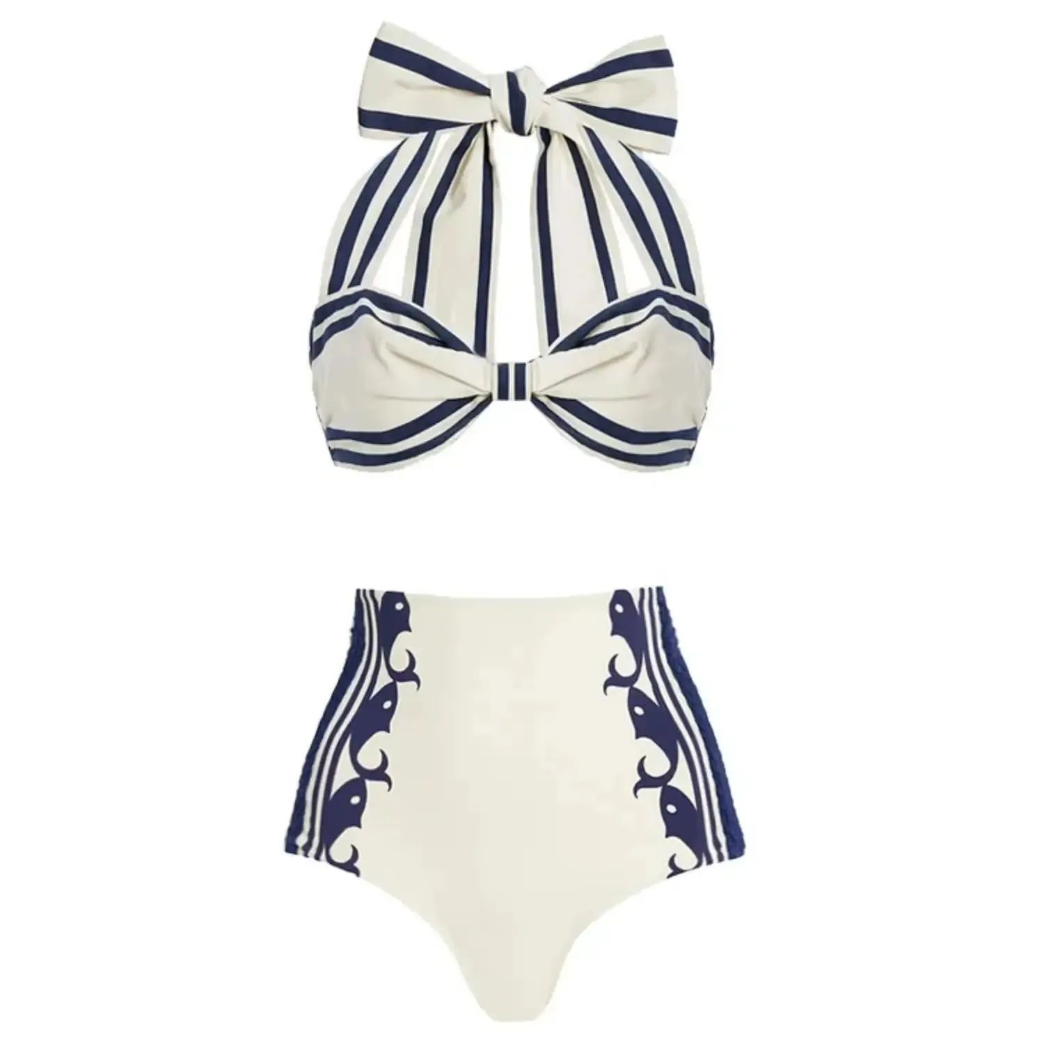 2Pcs Striped Swimsuit With Long Skirt Sexy Women Bikini Push Up Swimwear Halter Biquini Female Bathing Suit Slimming Beachwear