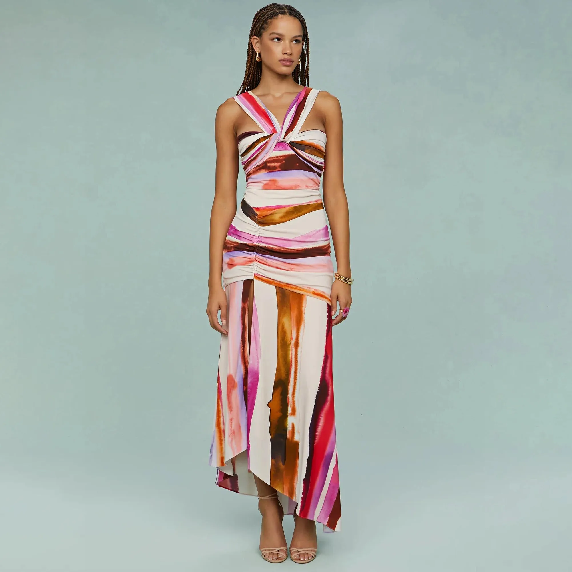 2Pcs Striped Swimsuit With Long Skirt Sexy Women Bikini Push Up Swimwear Halter Biquini Female Bathing Suit Slimming Beachwear
