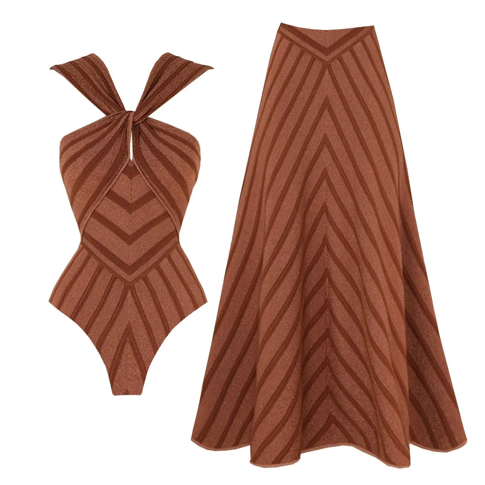2Pcs Striped Swimsuit With Long Skirt Sexy Women Bikini Push Up Swimwear Halter Biquini Female Bathing Suit Slimming Beachwear