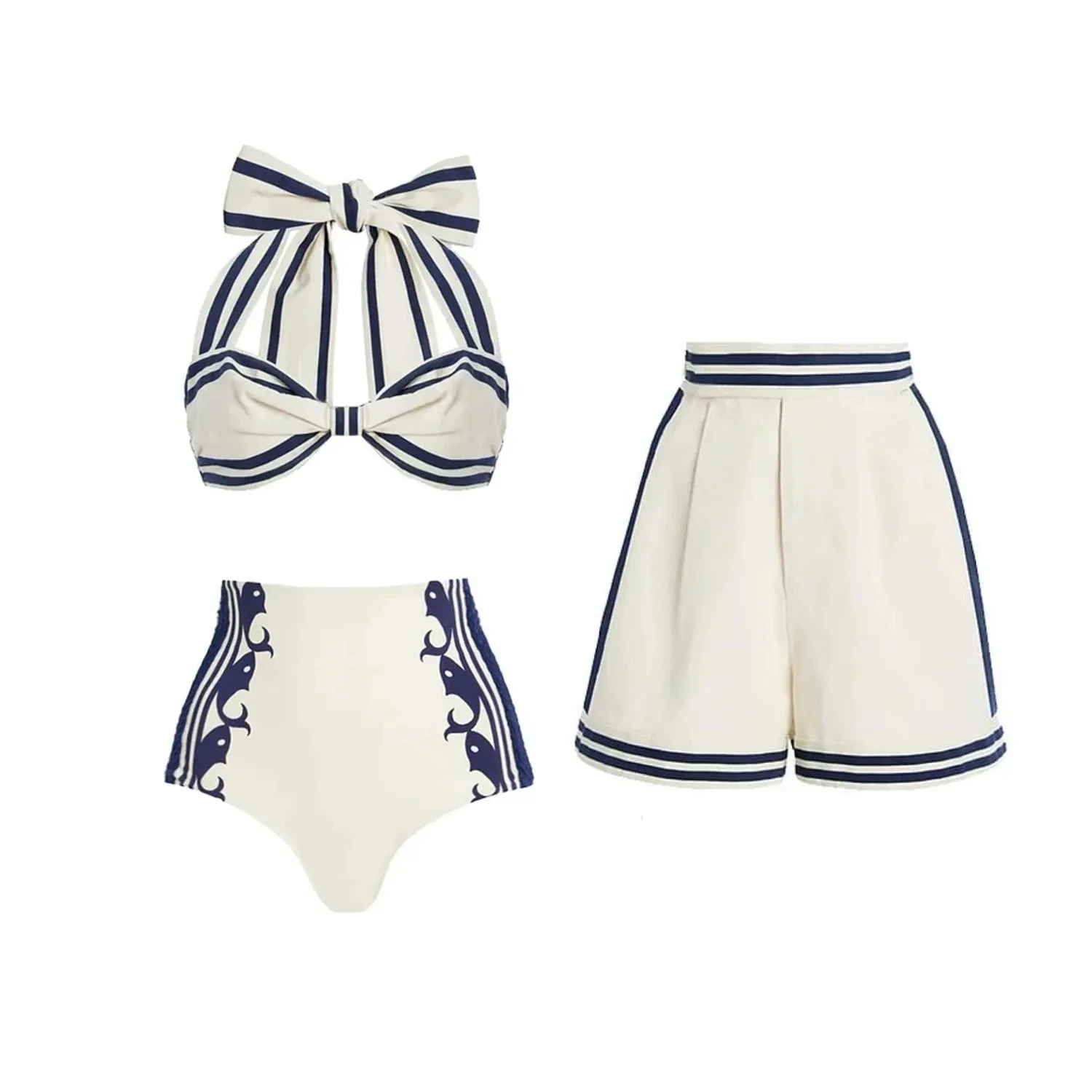 2Pcs Striped Swimsuit With Long Skirt Sexy Women Bikini Push Up Swimwear Halter Biquini Female Bathing Suit Slimming Beachwear
