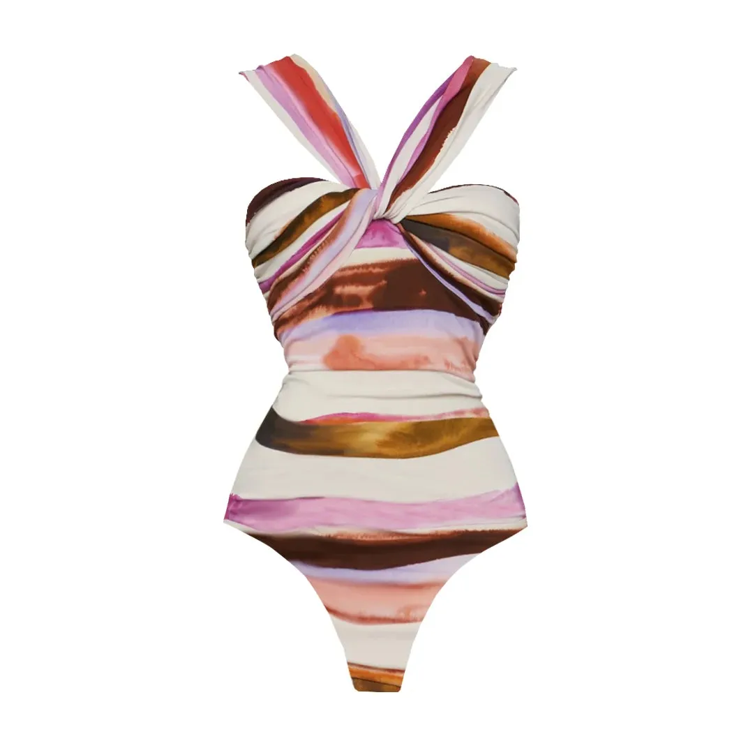 2Pcs Striped Swimsuit With Long Skirt Sexy Women Bikini Push Up Swimwear Halter Biquini Female Bathing Suit Slimming Beachwear