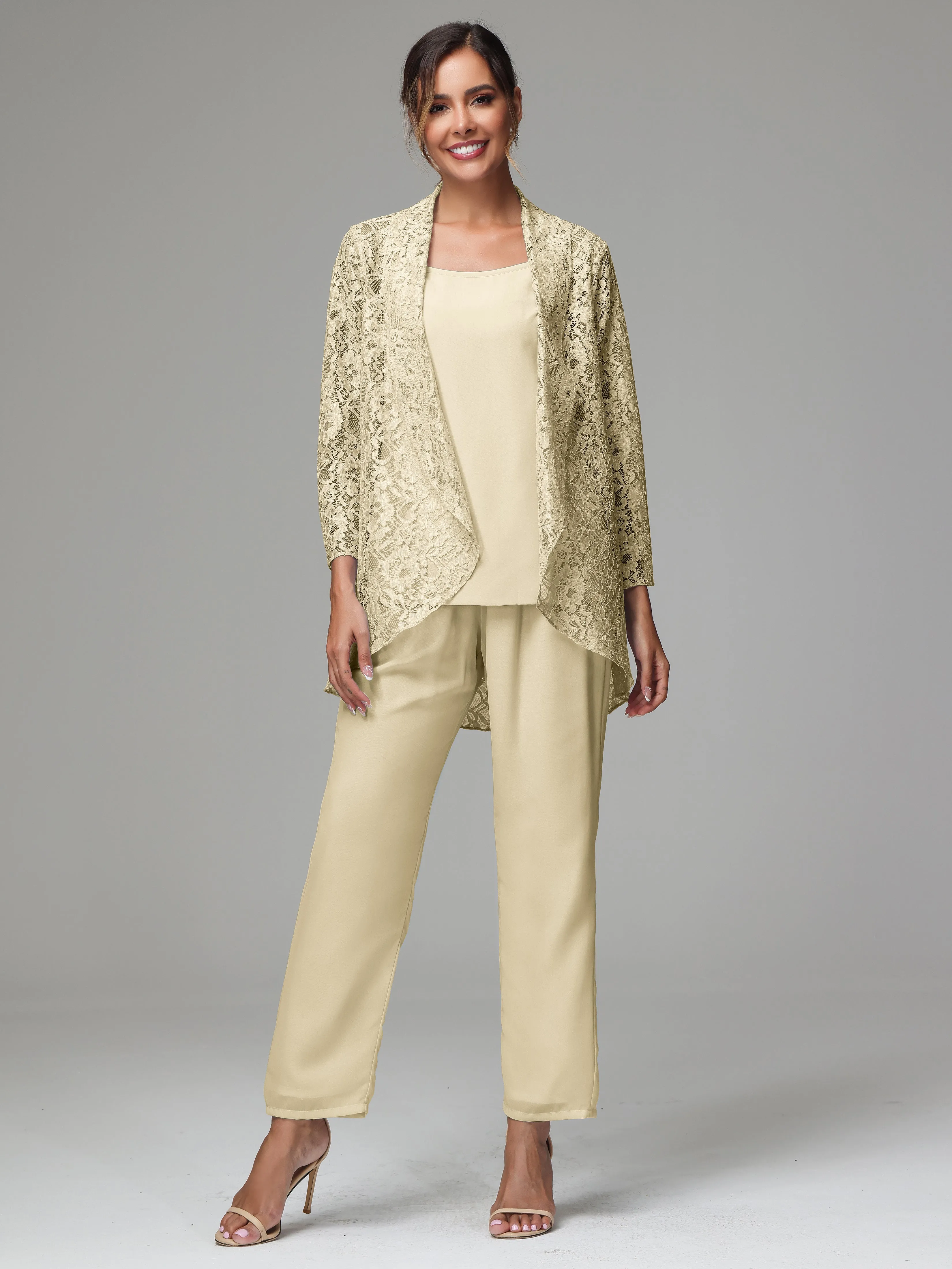 3 Pieces Delicate Chiffon Lace Mother of Bride Dress Pant Suits