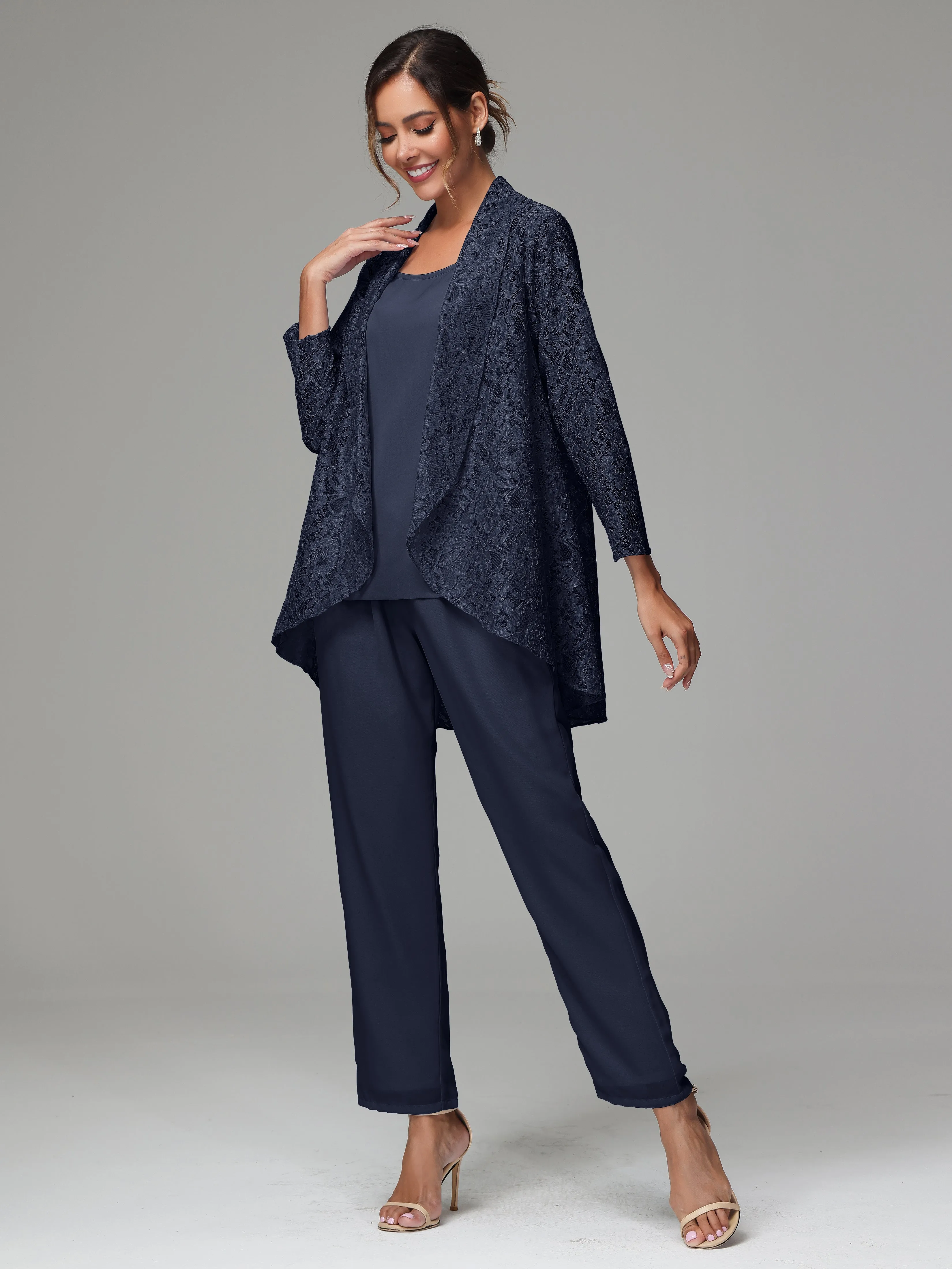 3 Pieces Delicate Chiffon Lace Mother of Bride Dress Pant Suits