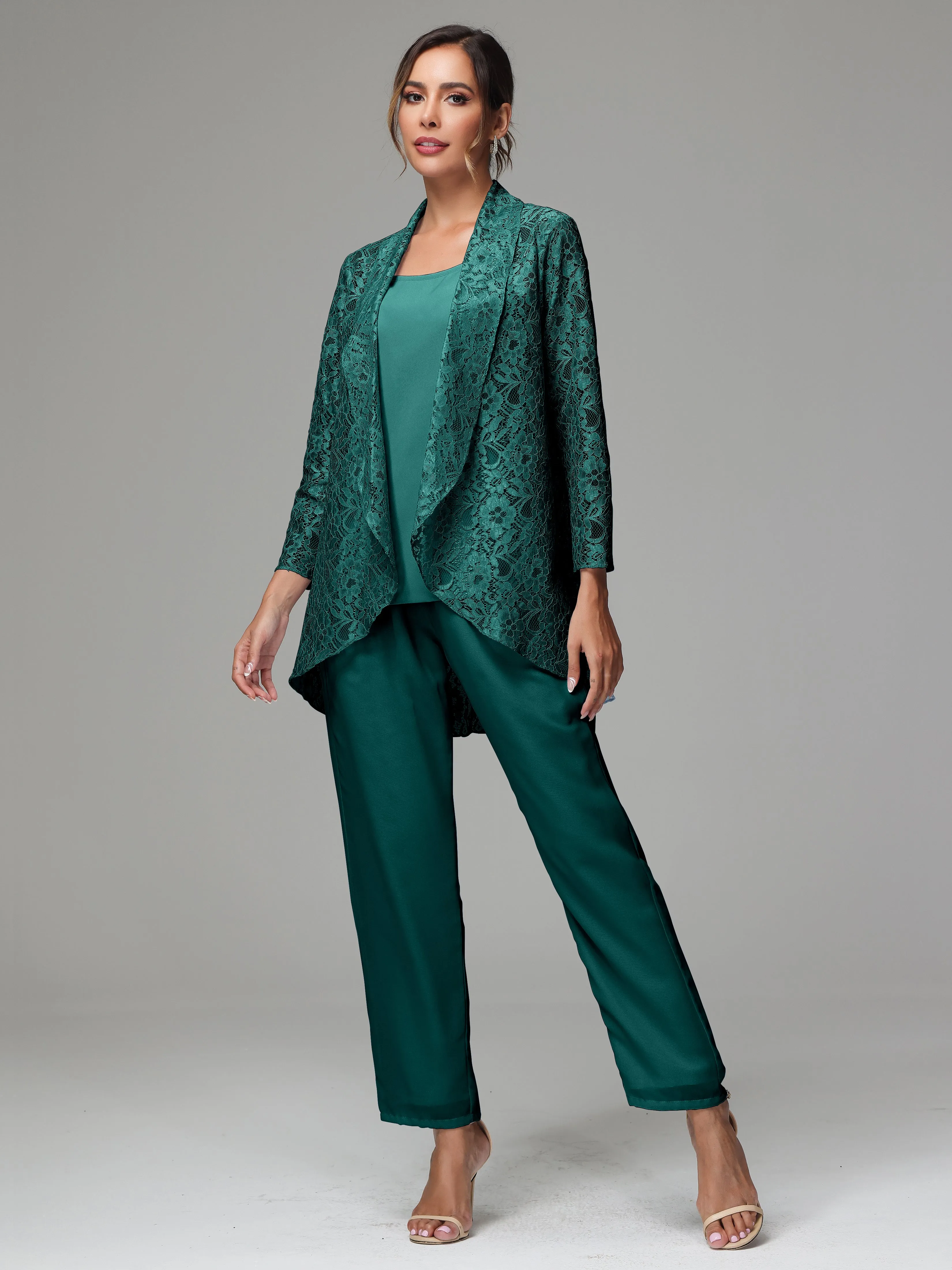 3 Pieces Delicate Chiffon Lace Mother of Bride Dress Pant Suits