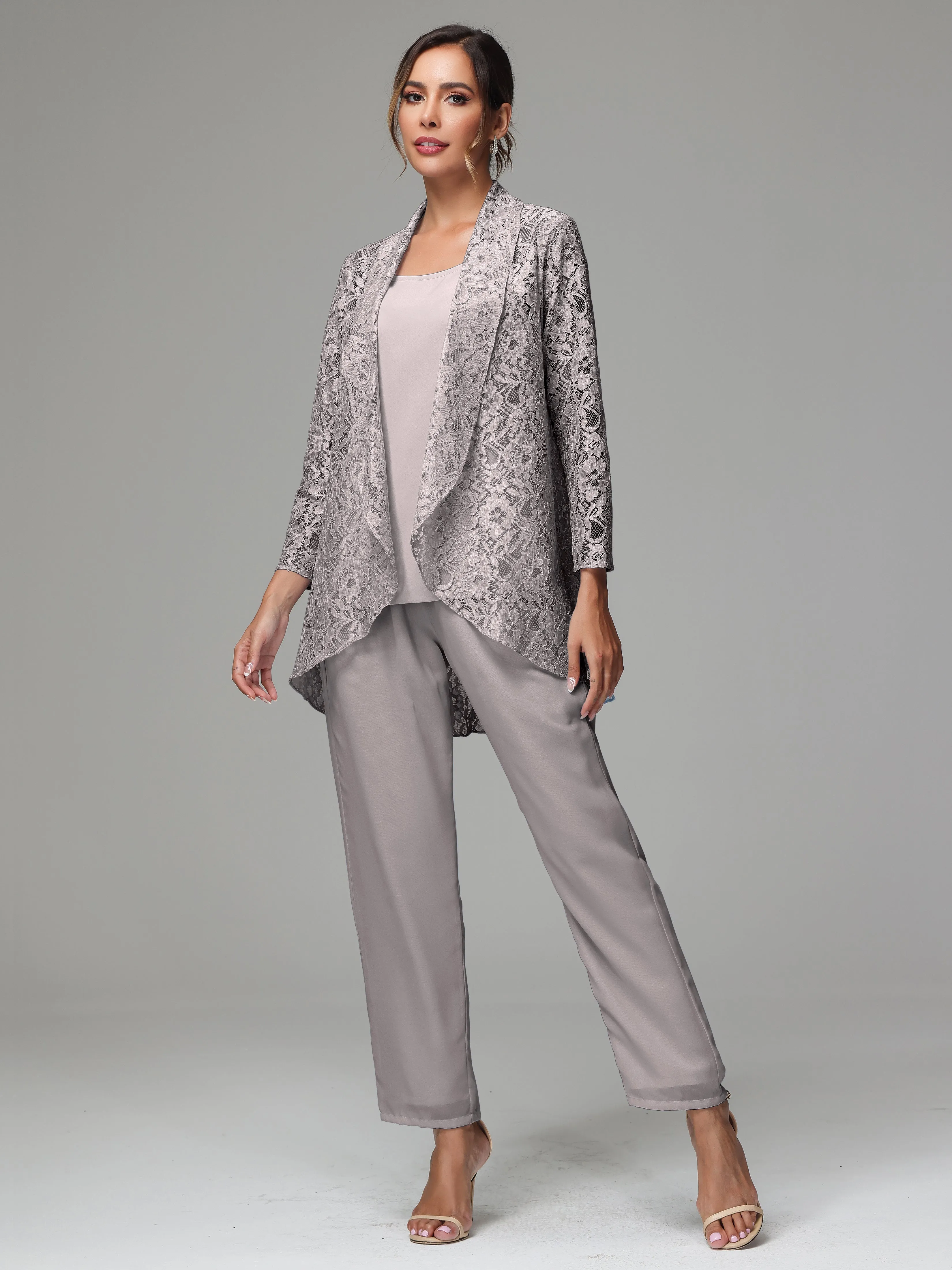 3 Pieces Delicate Chiffon Lace Mother of Bride Dress Pant Suits