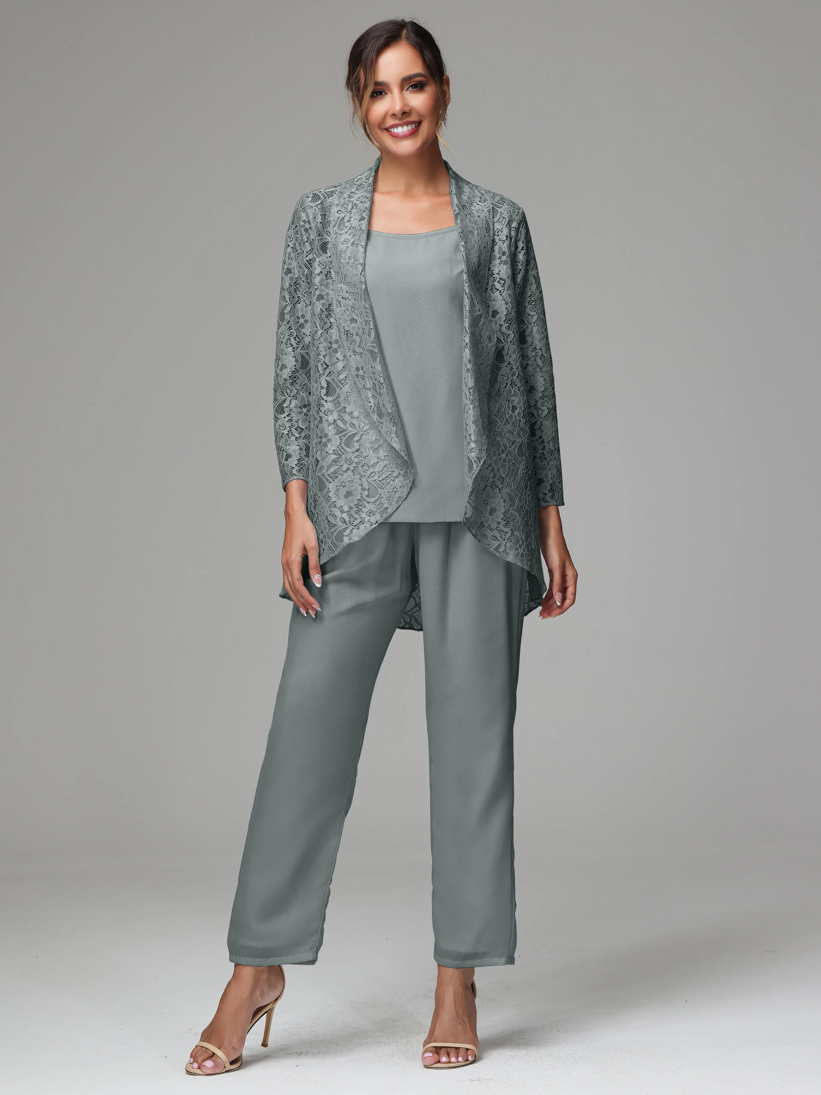 3 Pieces Delicate Chiffon Lace Mother of Bride Dress Pant Suits