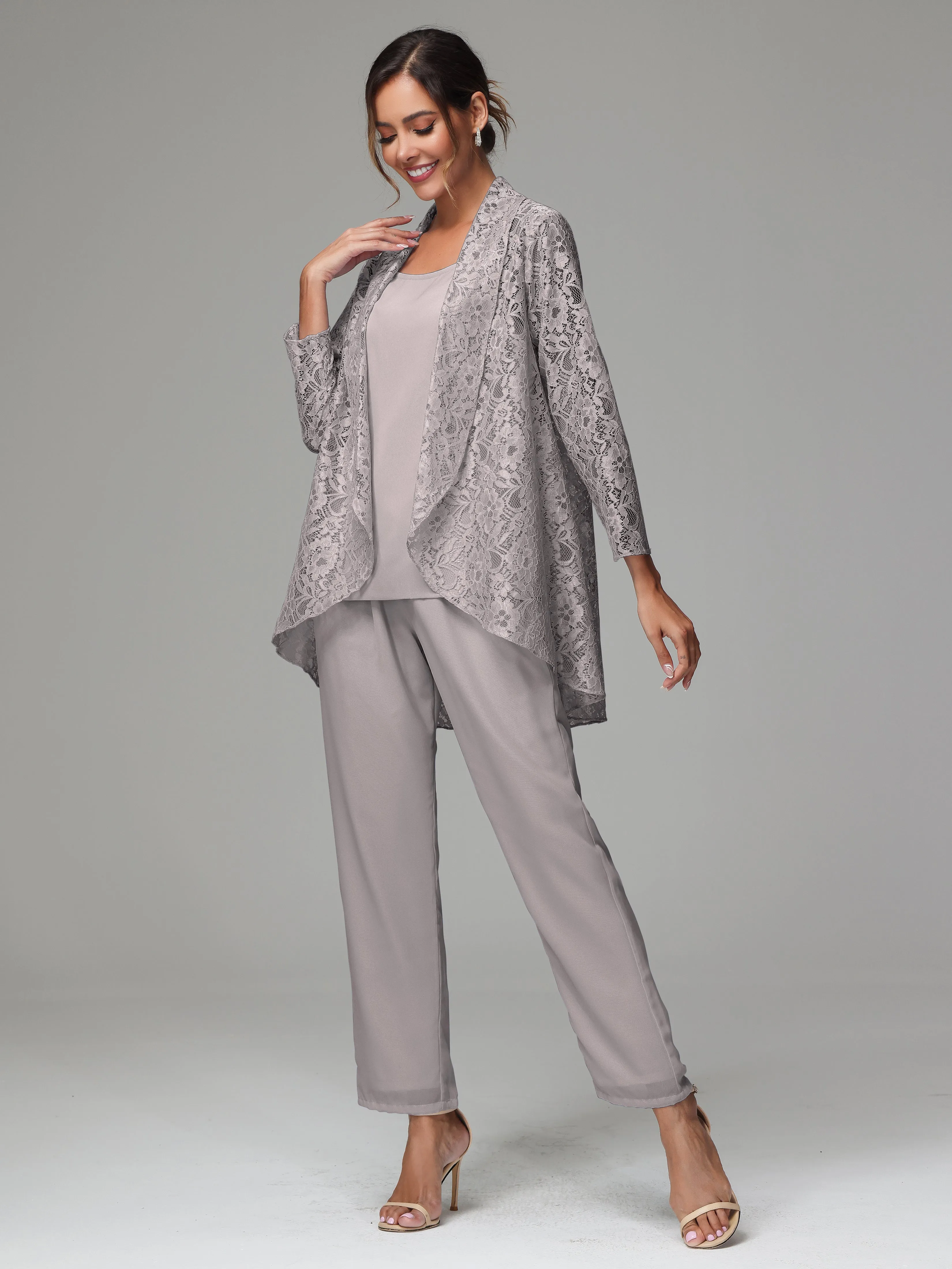 3 Pieces Delicate Chiffon Lace Mother of Bride Dress Pant Suits