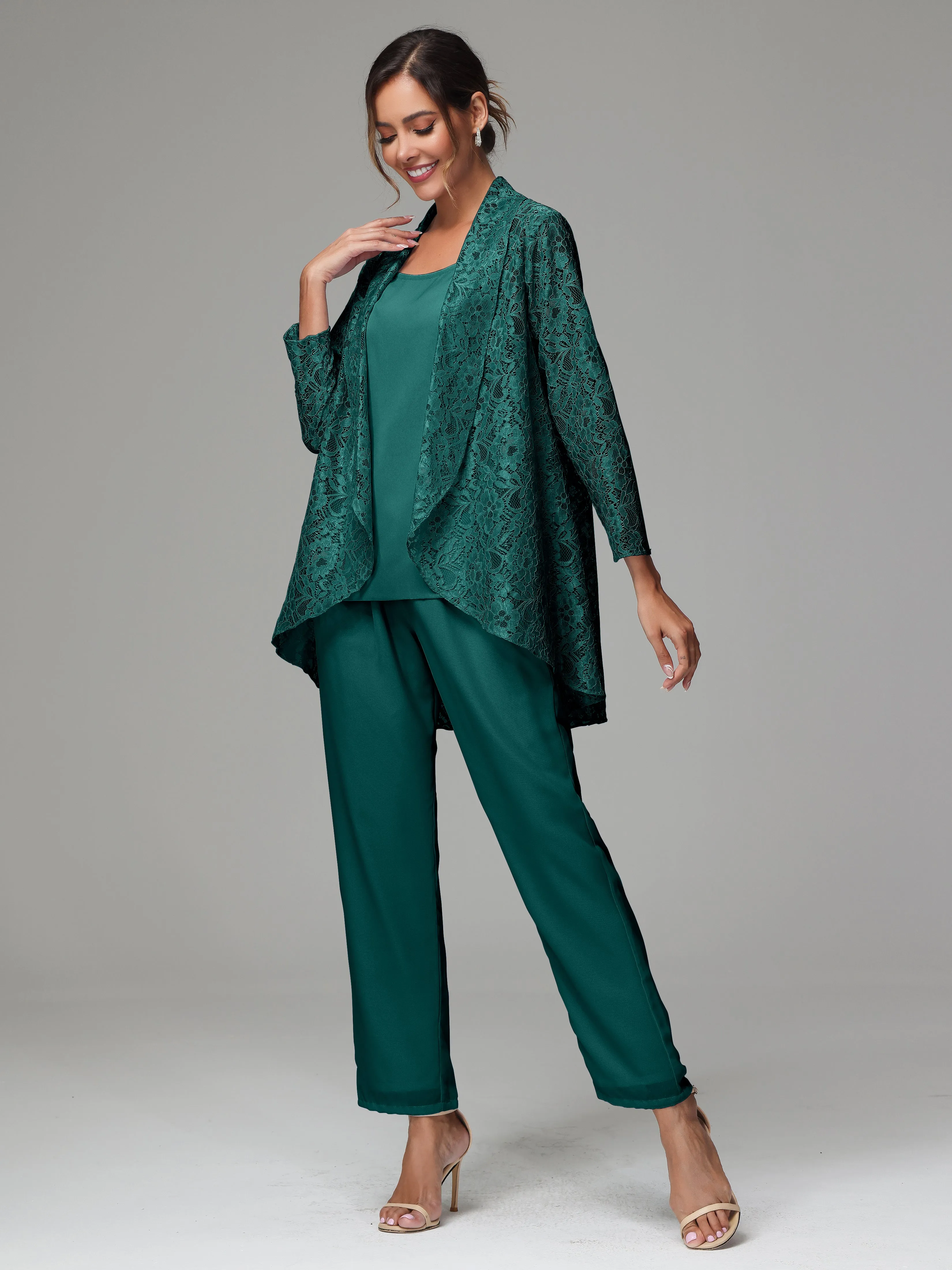 3 Pieces Delicate Chiffon Lace Mother of Bride Dress Pant Suits