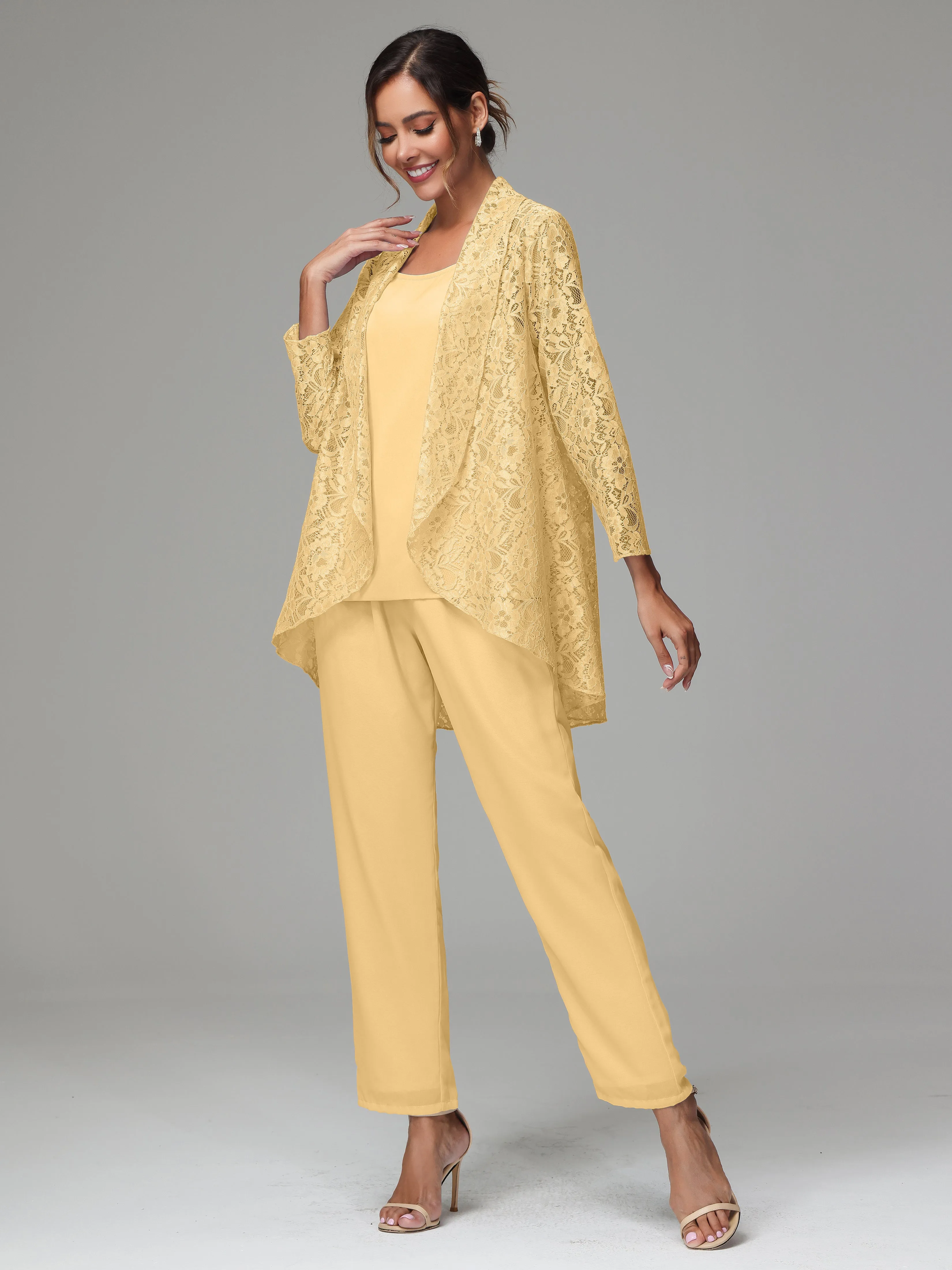3 Pieces Delicate Chiffon Lace Mother of Bride Dress Pant Suits
