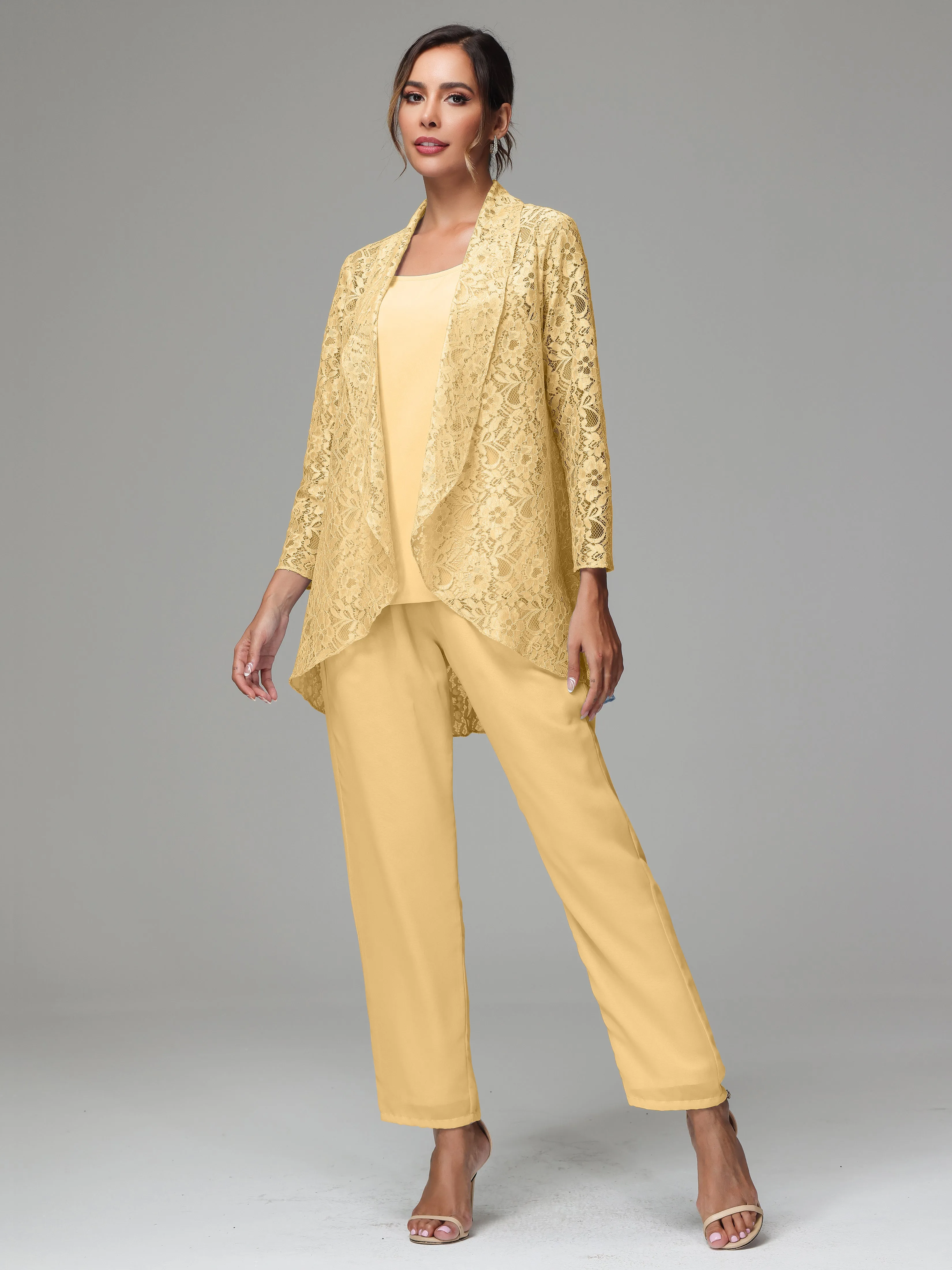 3 Pieces Delicate Chiffon Lace Mother of Bride Dress Pant Suits