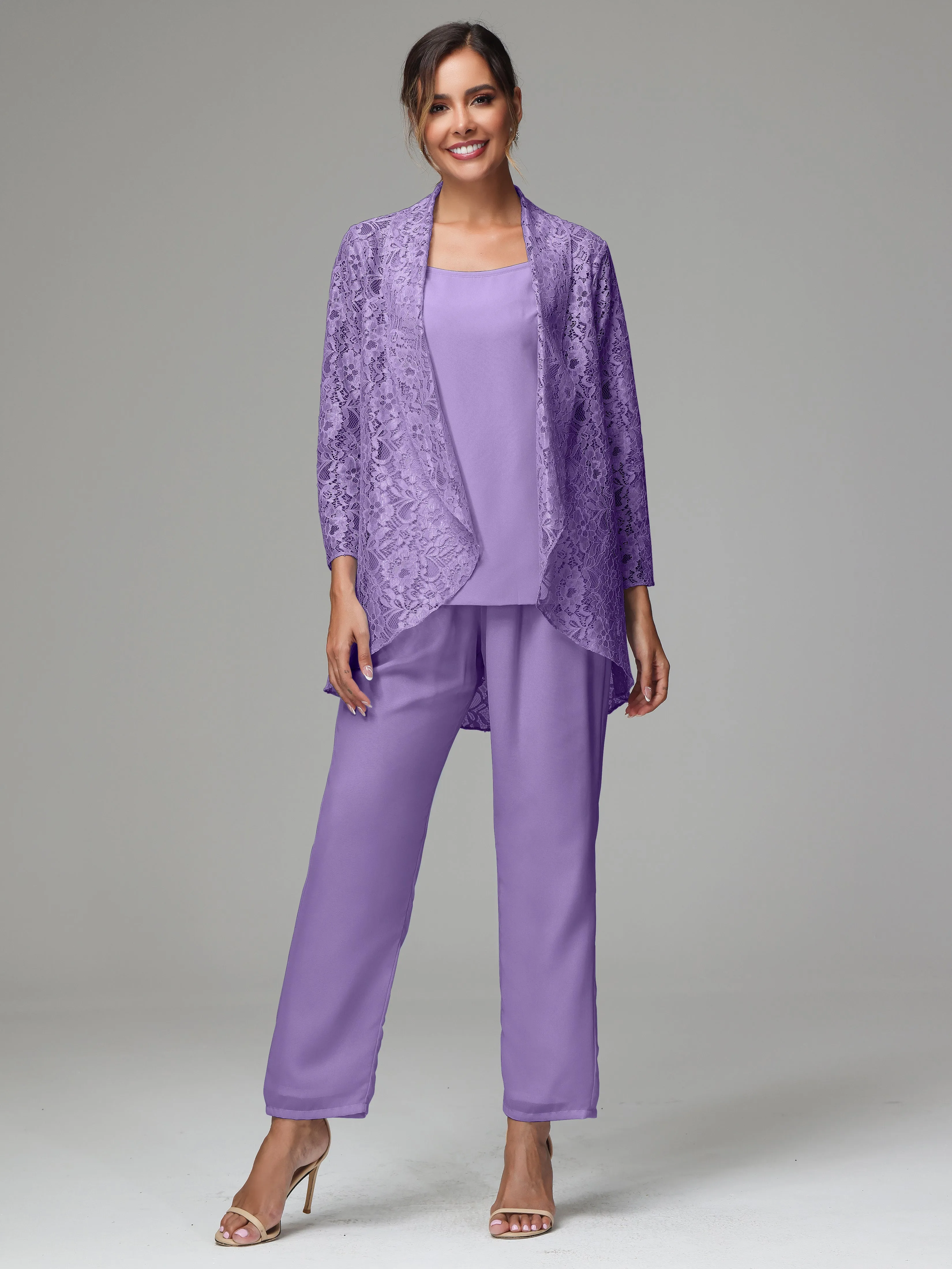 3 Pieces Delicate Chiffon Lace Mother of Bride Dress Pant Suits