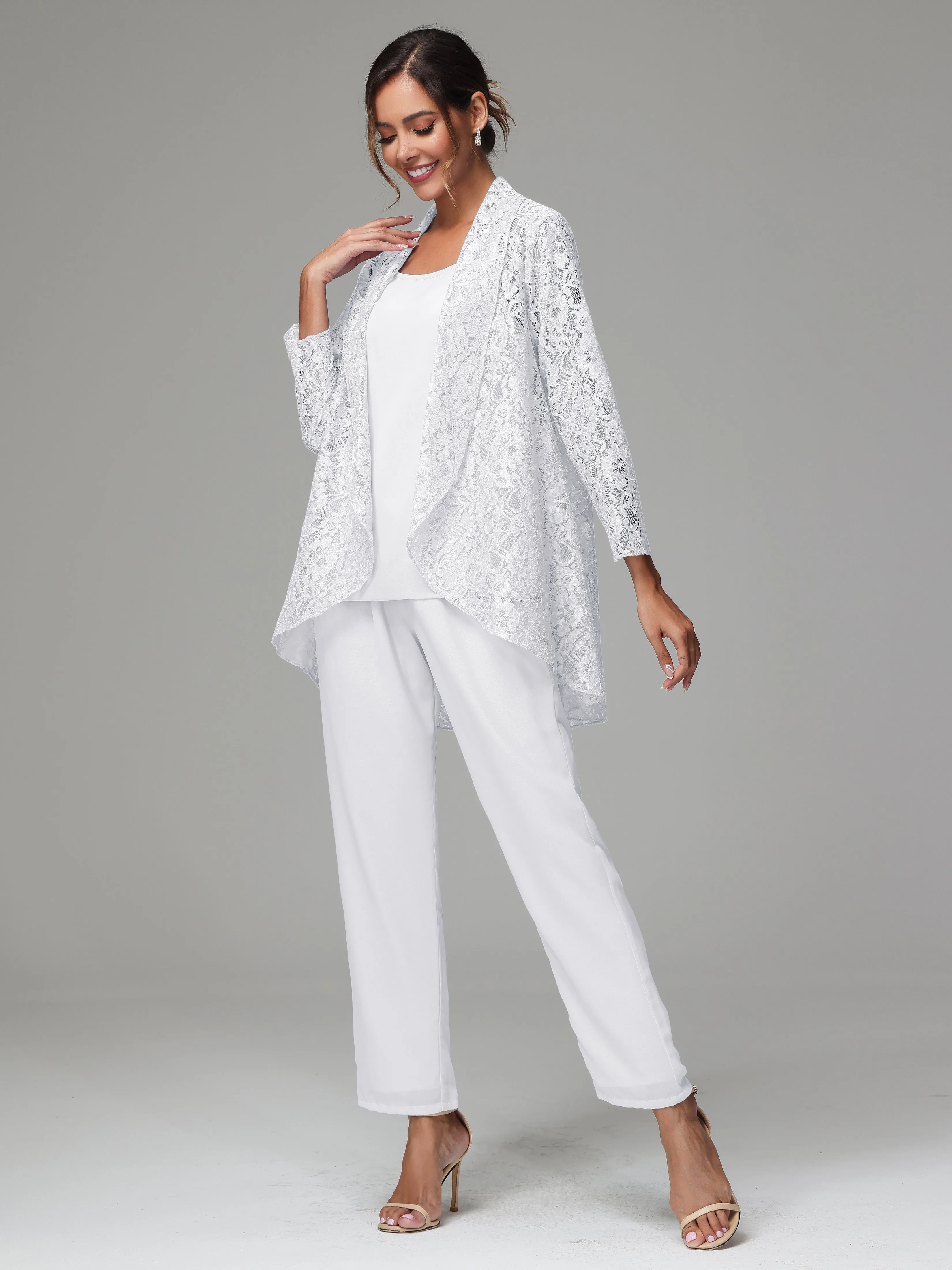 3 Pieces Delicate Chiffon Lace Mother of Bride Dress Pant Suits