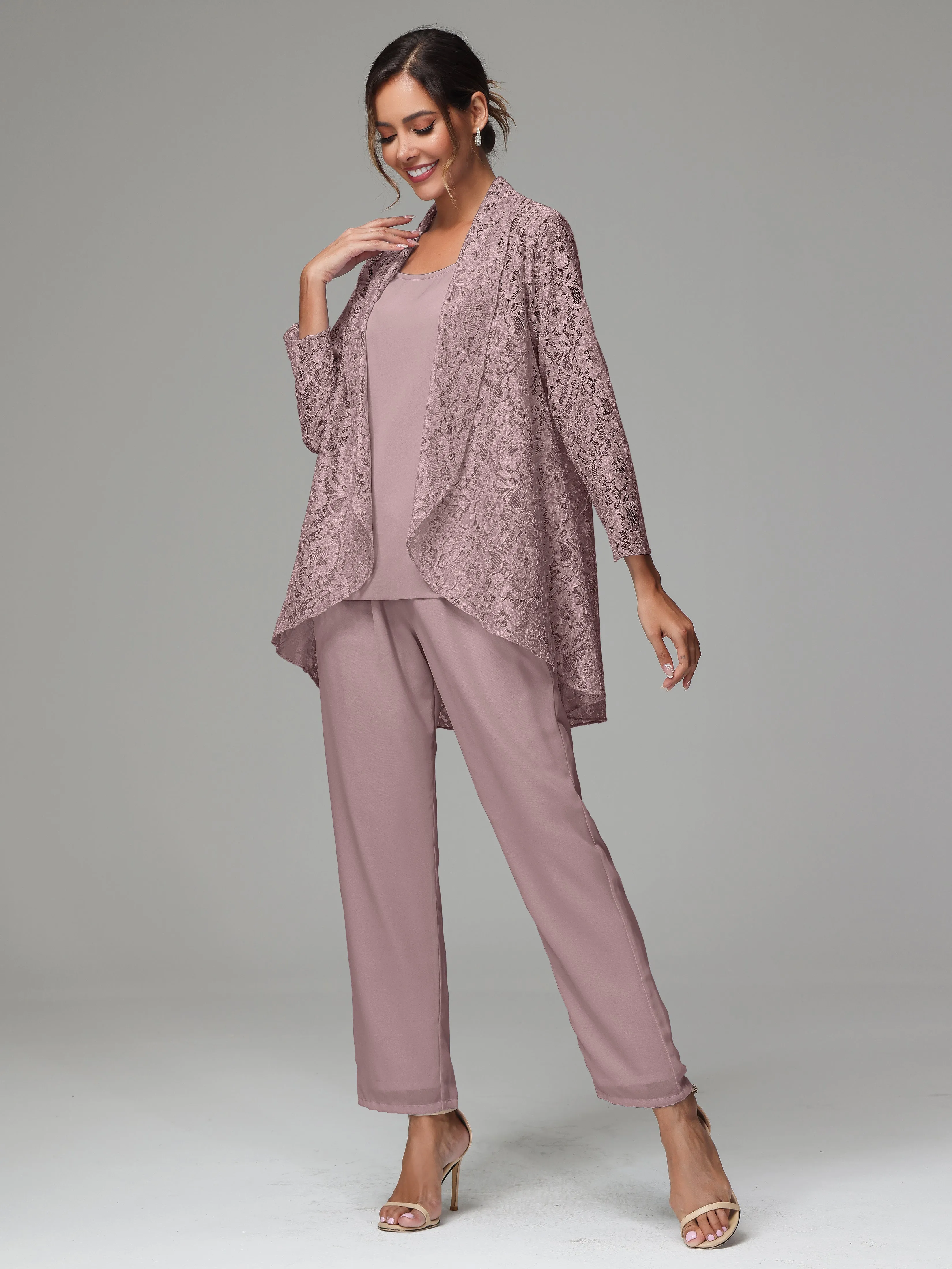 3 Pieces Delicate Chiffon Lace Mother of Bride Dress Pant Suits