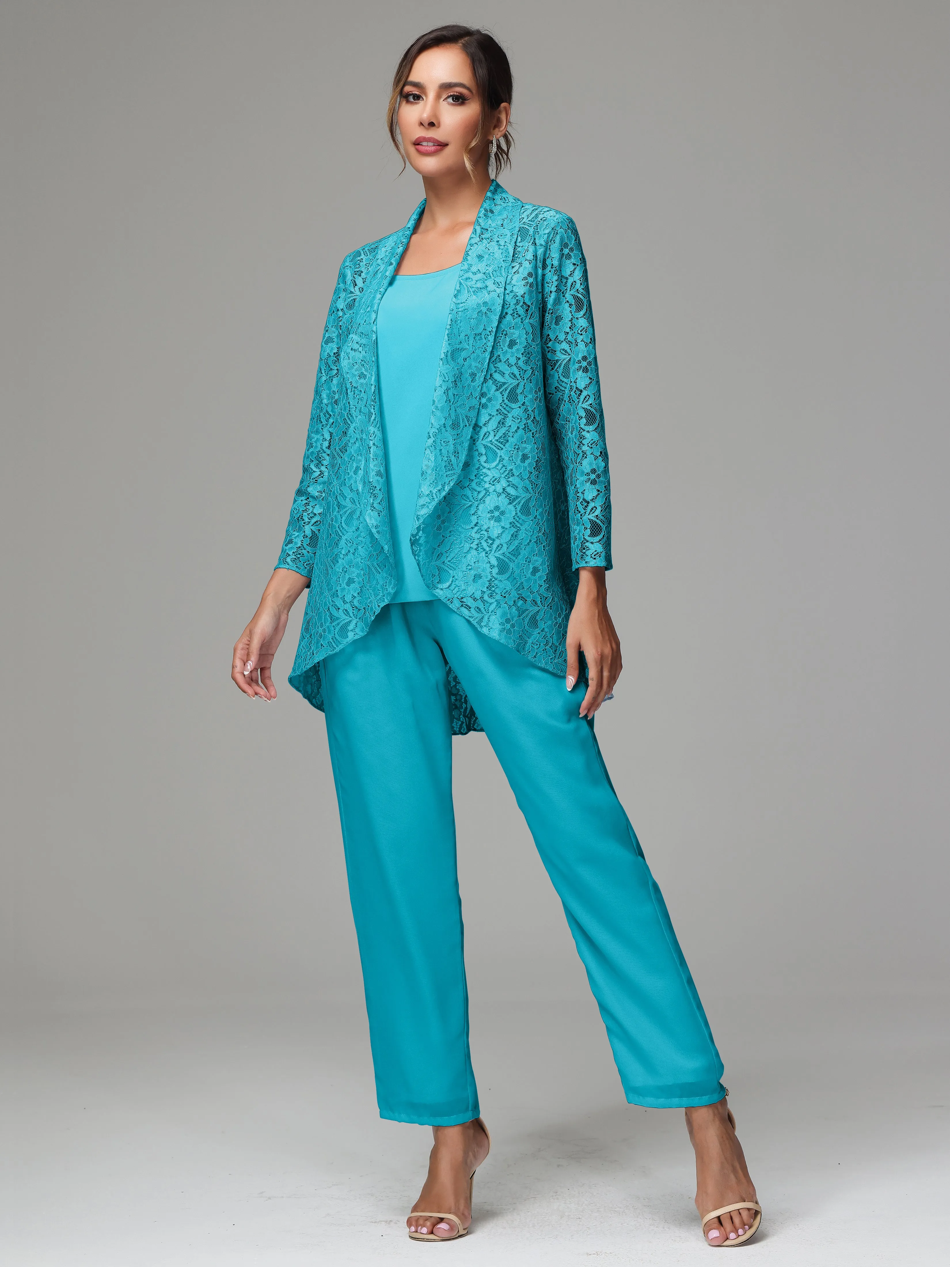 3 Pieces Delicate Chiffon Lace Mother of Bride Dress Pant Suits