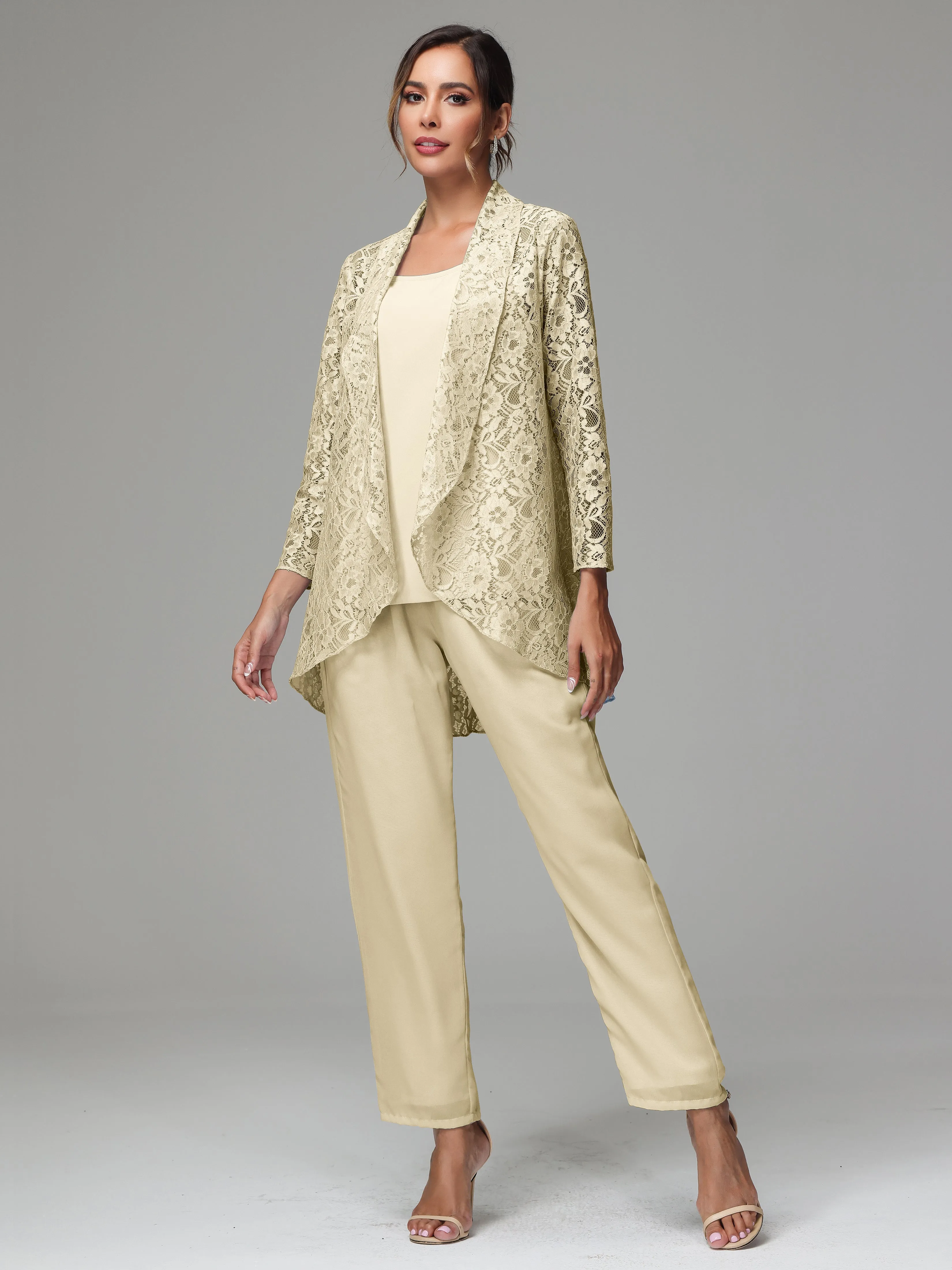3 Pieces Delicate Chiffon Lace Mother of Bride Dress Pant Suits