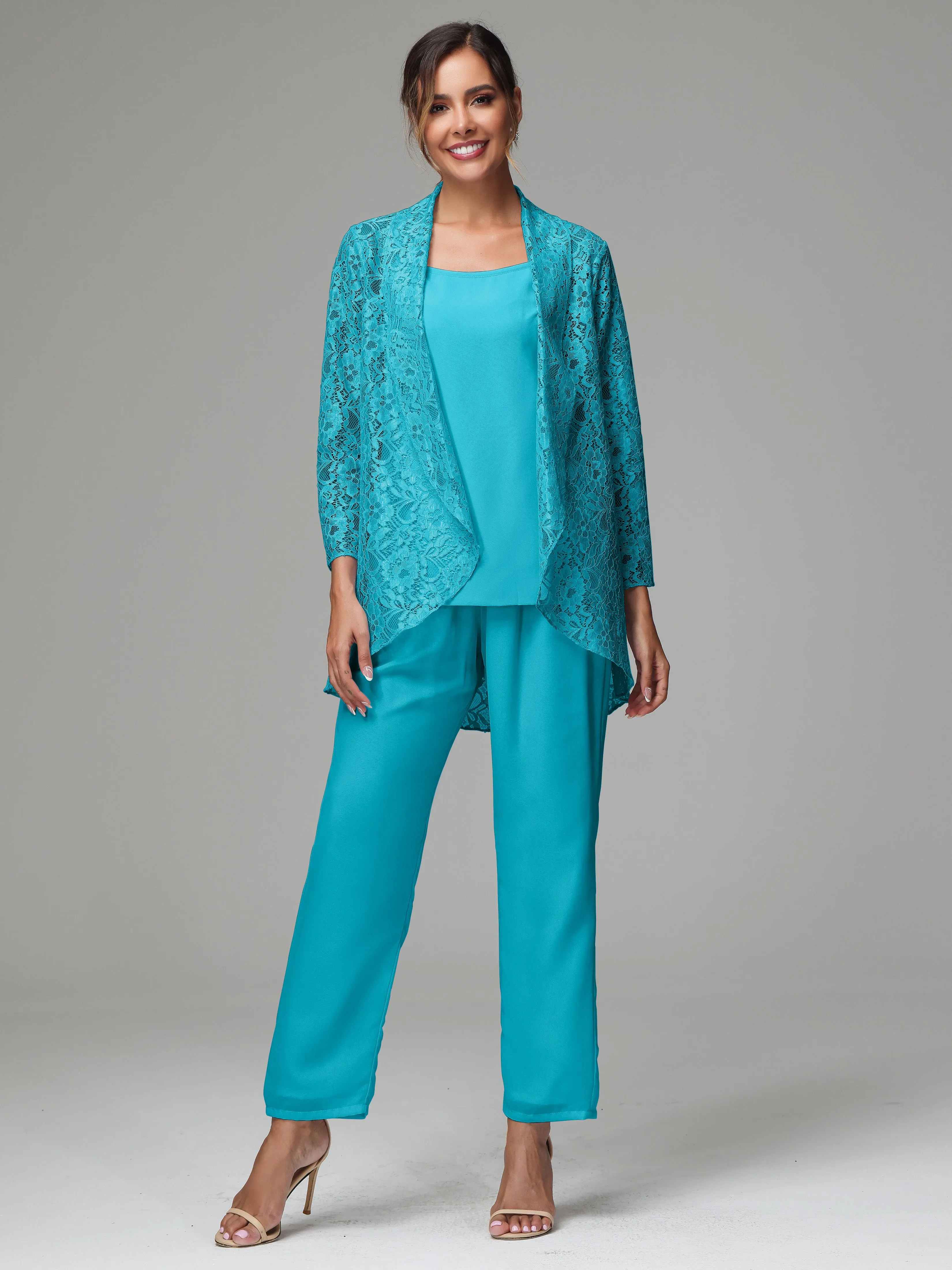 3 Pieces Delicate Chiffon Lace Mother of Bride Dress Pant Suits
