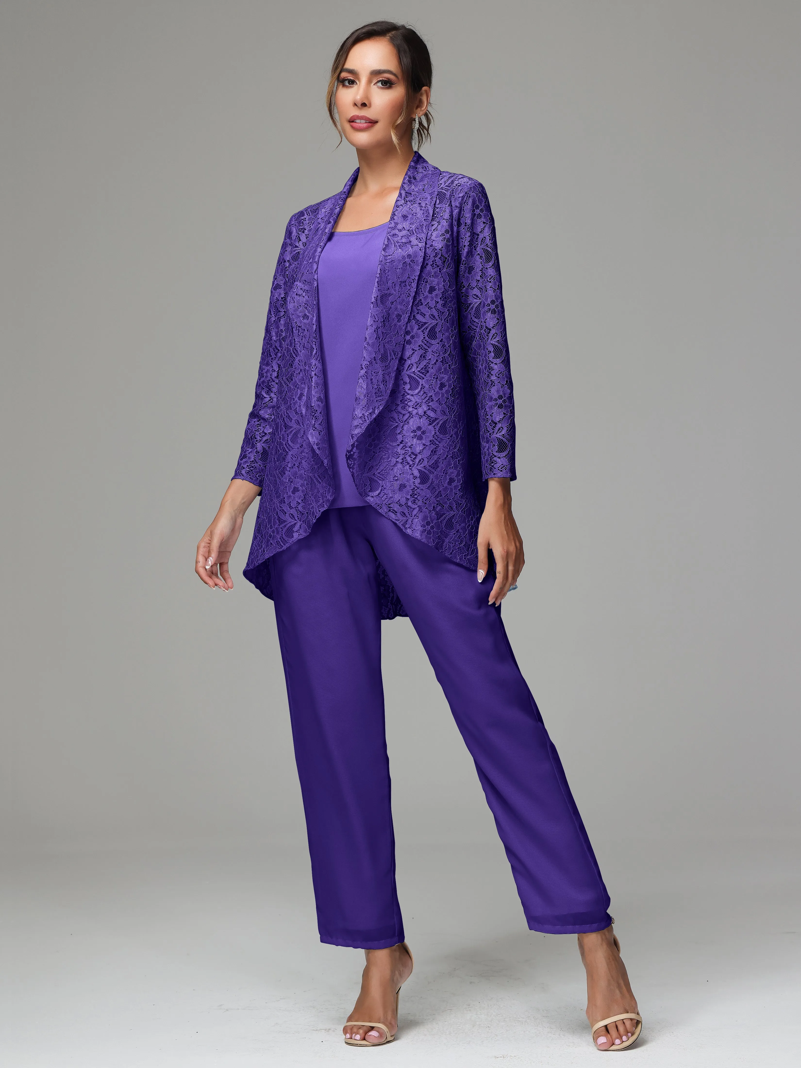 3 Pieces Delicate Chiffon Lace Mother of Bride Dress Pant Suits