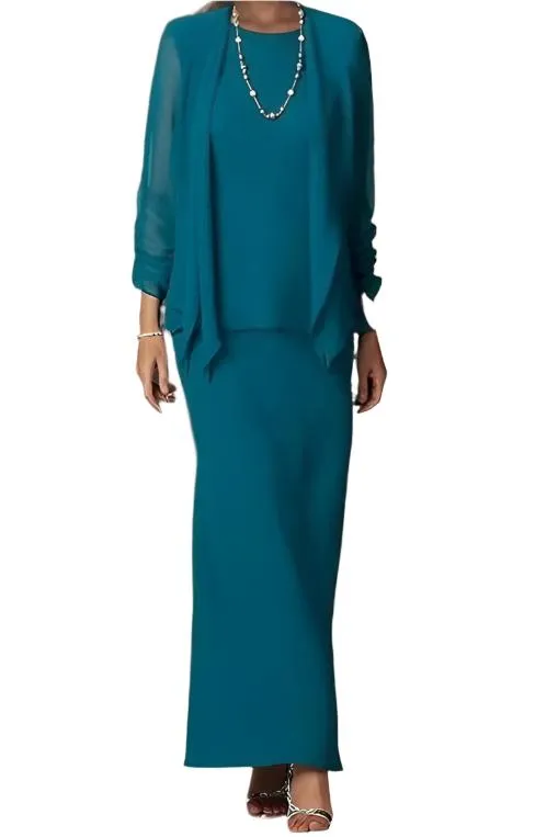 3 Pieces Sheath Scoop Neck Long Sleeves Mother of The Bride Dresses