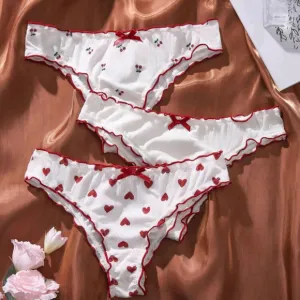 3pack Heart Print Lettuce Trim Bow Front Panty Set