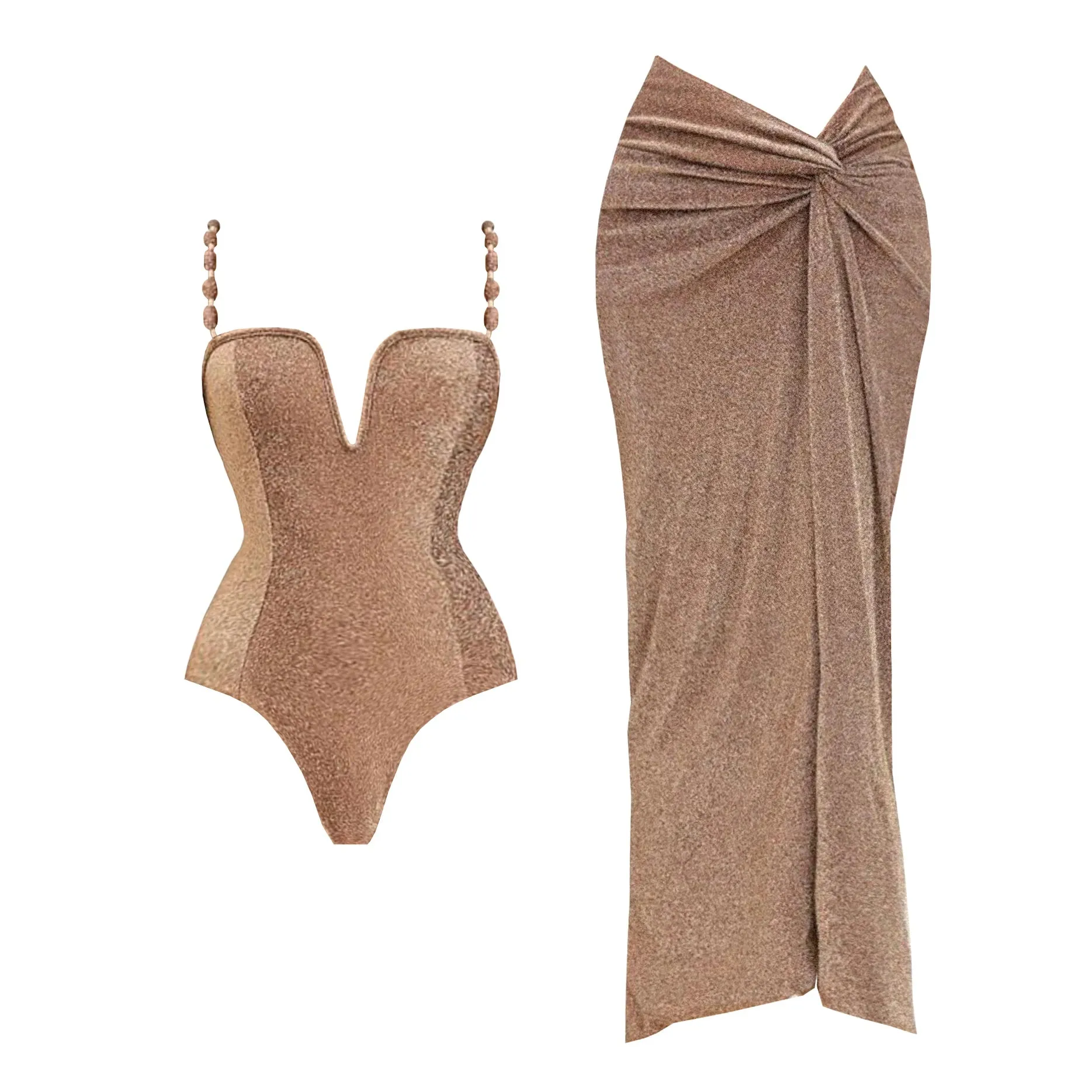 3Pcs Push Up Swimsuit With Long Skirt Sexy Women Swimwear Female Bikini V Neck Swimming Suit Shiny Bodysuit Beachwear Cover Up