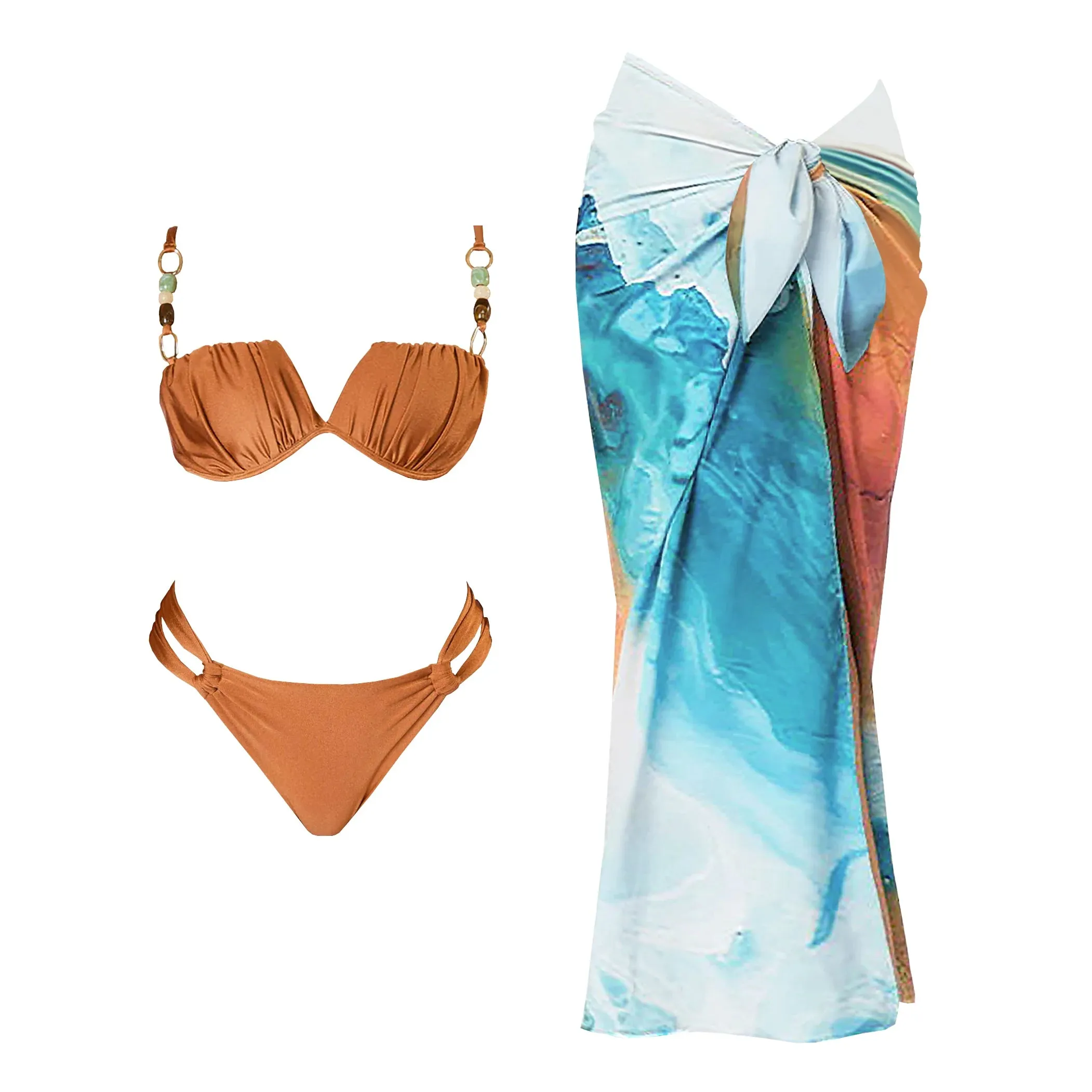 3Pcs Push Up Swimsuit With Long Skirt Sexy Women Swimwear Female Bikini V Neck Swimming Suit Shiny Bodysuit Beachwear Cover Up